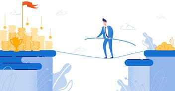 An animated illustration of a business man in a blue suit and tie walks a tightrope between two plateaus, with a small yellow grassy knoll and bush situated at the point from which he departs, and piles of gold, a glistening trophy and a towering red victory flag awaiting him at the destination