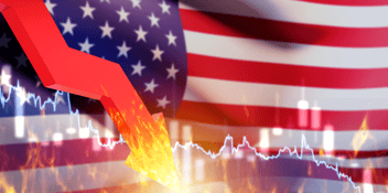 Falling chart USA flag. Crisis infographic in America. Financial problems in USA. Down arrow symbolizes financial recession. Economic collapse in USA.