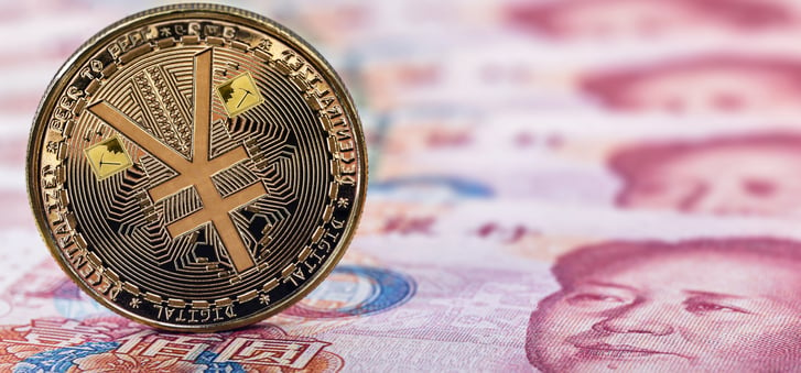 Digital Yuan currency on hundred Renminbi note 