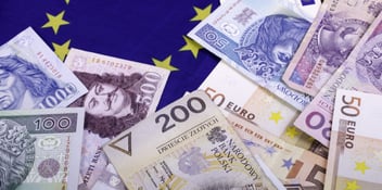 A view of bank notes of different currencies including the euro and the zloty and a partial view of the European flag which has a blue background and yellow stars