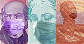 The fasciae visible on the Russian rouble, Mexican peso and Brazilian real notes are pictured side by side, each figure wearing a surgical mask