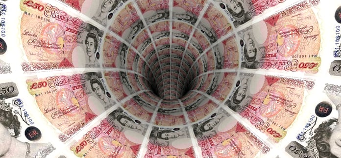 Background from british pound banknotes in downwards tunnel perspective view
