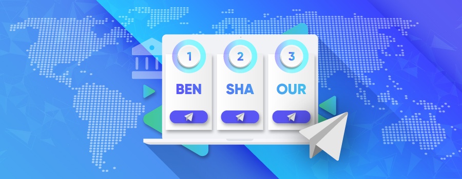 In front of a blue background, with various icons and outlines of geographic regions indicated, a white rectangular plinth can be seen, centrepieced by three icons, representing the abbreviations "BEN", "SHA" and "OUR" respectively, with a number scrawled above each one, and an elongated purple module displayed below each one, showing a white paper plane icon.