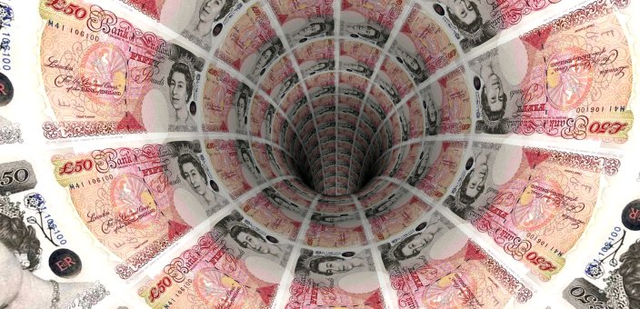 Background from british pound banknotes in downwards tunnel perspective 
