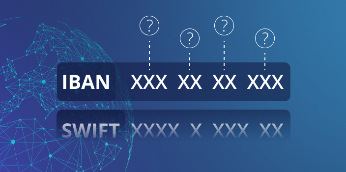 Codici IBAN e SWIFT composti da x e punti interrogativi su sfondo blu con rappresentazione del mondo sotto forma di punti e linee.
